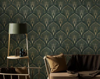 Art Deco Peel and Stick Wallpaper, Green Gold Geometric, Removable