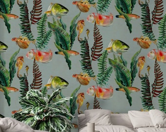 Fish Wallpaper Peel and Stick | Botanic Plants with Fish Wall Mural