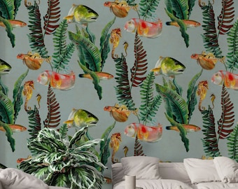 Japanese Fish Peel and Stick Wallpaper: Tropical Removable Wallpaper