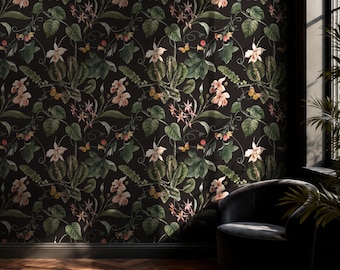 Watercolor Dark Botanical Wallpaper | Vintage Floral Wall Mural | Peel and Stick Wallpaper