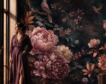 Dark Peony Wallpaper | Moody Floral Wall Mural | Vintage Birds Botanical Wallpaper