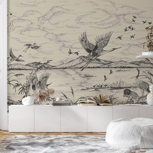 Heron Wallpaper | Black and White Landscape Wall Mural | Crane Wallpaper Peel and Stick
