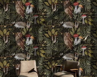 Botanical Wallpaper | Mushroom with Owl Wall Mural | Dark Botanic Wallpaper Peel and Stick | Fern Wallpaper