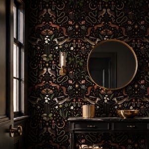 Dark Celestial Wallpaper | Whimsical Botanical Wall Mural | Peel and Stick Wallpaper
