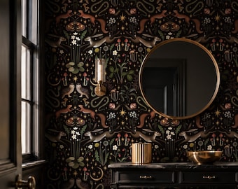Dark Celestial Wallpaper | Whimsical Botanical Wall Mural | Peel and Stick Wallpaper