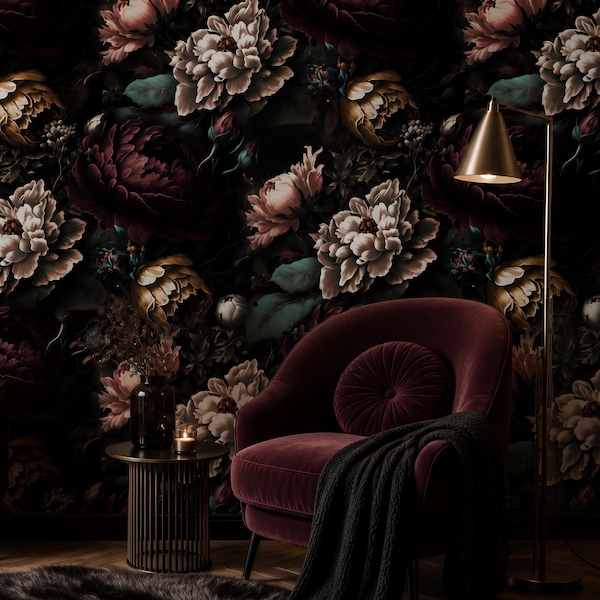 Moody Dark Floral Wallpaper | Vintage Peony Mural | Removable Peel and Stick