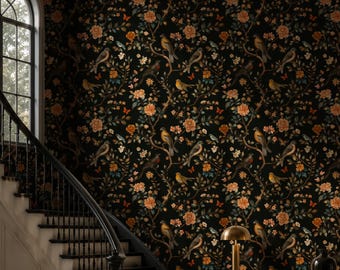 Vintage Bird Wallpaper | Dark Floral Wall Mural | Removable Wallpaper