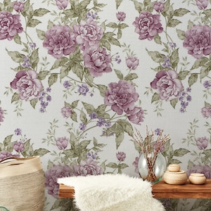 Vintage Pink Peony Floral Wallpaper Peel and Stick, Peonies Wall Mural, Removable Wallpaper