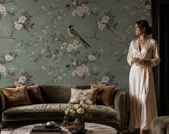 Sage Green Chinoiserie Wallpaper | Elegant Bird & Blossom Mural | Peel and Stick