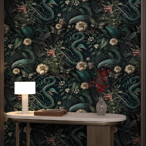 Dark Botanical Wallpaper, Secret Garden at Night, Peel and Stick, Snake and Birds, Botanic Plants Wall Mural