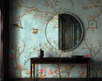 Blue Chinoiserie Wallpaper | Bird Floral Wall Mural | Peel and Stick Wallpaper