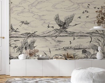 Black and White Heron Landscape Wallpaper | Crane Wall Mural