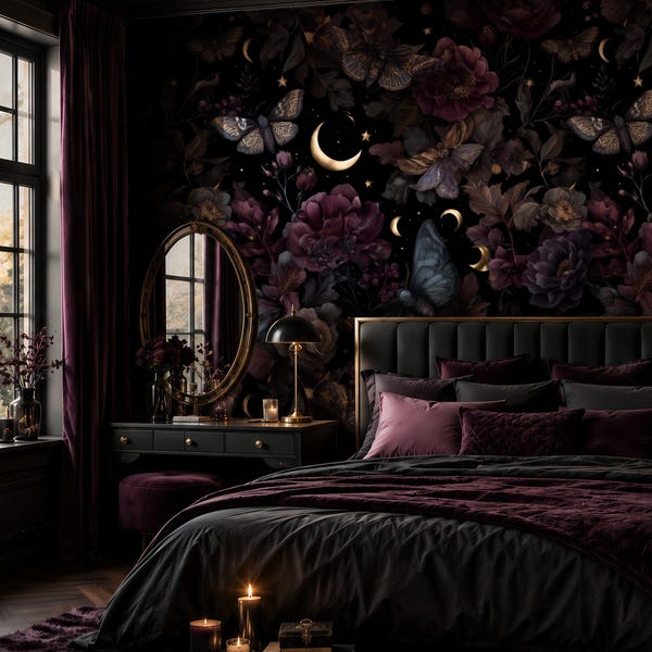 Celestial Dark Floral Wallpaper | Moon Butterfly Wall Mural | Moody Removable Wallpaper