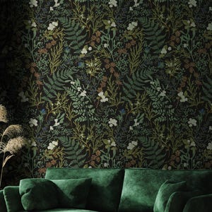 Dark Botanical Wallpaper, Moody Floral Pattern, Vintage Forest Wall Design, Elegant Green Botanical Decor, Peel and Stick Wallpaper