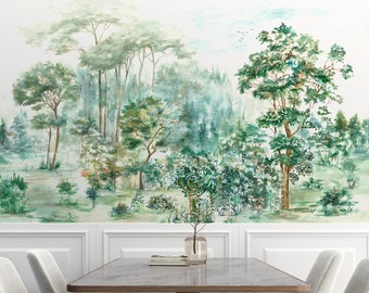 Watercolor Forest Wallpaper | Tree Landscape Wall Mural | Scenic Wallpaper Peel and Stick