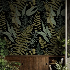 Fern Botanical Wallpaper Peel and Stick, Dark Green Wallpaper, Living Room Decor image 3