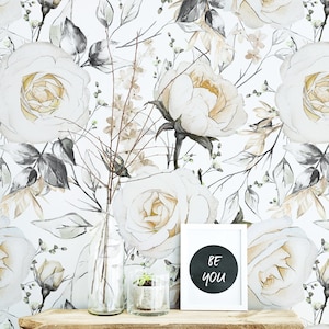 White Floral Wallpaper Peel and Stick, Removable Wallpaper, Self Adhesive Wallpaper, Flowers Wallpaper, Floral Wall Decoration