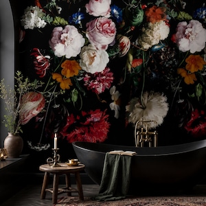 Dark Dutch Floral Wallpaper | Moody Botanical Wall Mural |  Dramatic Wallpaper | Peel and Stick