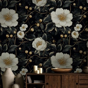 Dark Floral Peel and Stick Wallpaper: Moody Flower Wall Mural