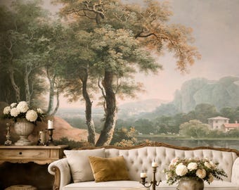 Landscape Wallpaper | European Scenic Wall Mural | Vintage Countryside Wallpaper Peel and Stick