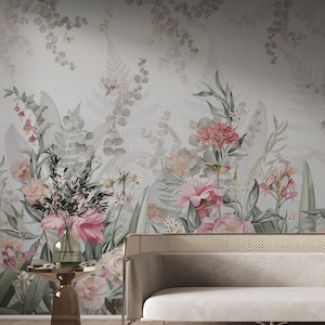 Watercolor Floral Wallpaper Peel and Stick, Garden Flowers Wallpaper, Removable Wallpaper, Pink Peonies Wallpaper