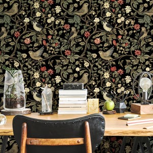 William Morris Style Wallpaper Peel and Stick, Dark Botanical Wallpaper, Vintage Nature Wallpaper, Removable Wallpaper