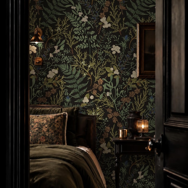 Dark Botanical Wallpaper | Moody Floral Forest Wall Mural | Vintage Removable Wallpaper