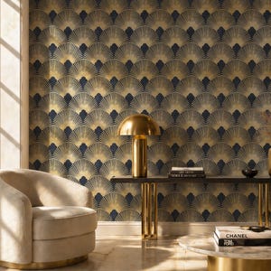 Art Deco Fan Pattern Wallpaper | Navy Gold Luxury Peel Stick Wall Mural