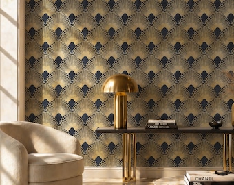 Art Deco Fan Pattern Wallpaper | Navy Gold Luxury Peel Stick Wall Mural
