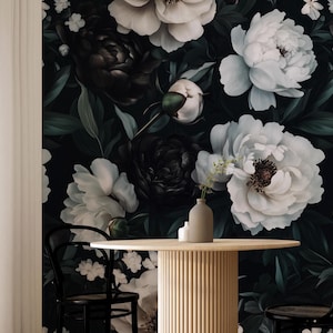 Moody Dark Floral Wallpaper Peel and Stick, White Large Peony Flowers Wallpaper, Peonies Wall Mural, Removable Wallpaper