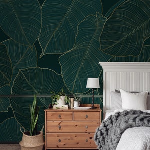 Luxury Green Leaves Wallpaper, Leaf and Line Arts Wall Mural, Big Leaf Wallpaper Peel and Stick