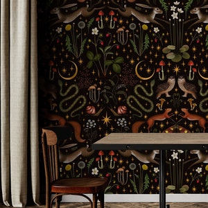 Dark Botanical Wallpaper | Mushroom Wall Mural | Secret Garden Wallpaper | Removable Peel & Stick