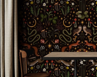 Dark Botanical Wallpaper | Mushroom Wall Mural | Secret Garden Wallpaper | Removable Peel & Stick