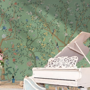 Chinoiserie Wallpaper | Asian Tree Wall Mural | Tree with Flower Wallpaper Peel and Stick