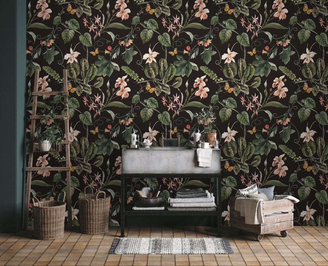 Dark Botanical Peel and Stick Wallpaper | Botanic Plants Wall Mural ...