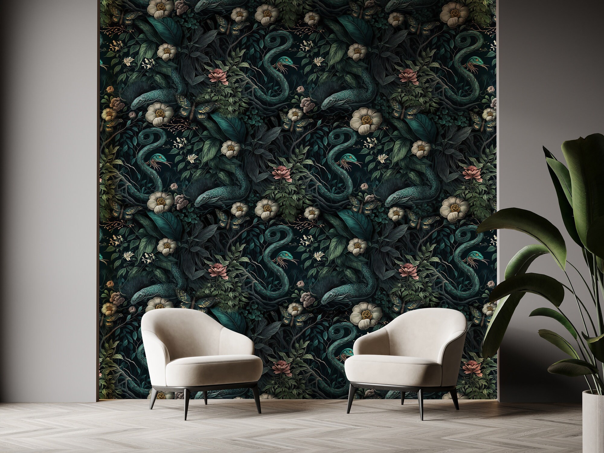 Dark Botanical Wallpaper: Secret Garden With Snakes, Peel and Stick