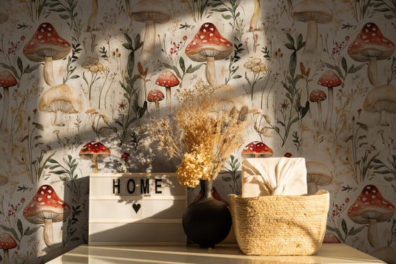 Vintage Mushroom Botanical Wallpaper - Peel and Stick Removable