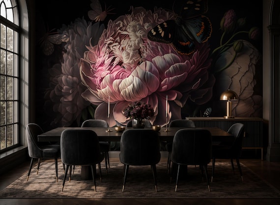 Oversized Peony Wallpaper | Dark Floral Wall Mural | Luxury Removable Wallpaper