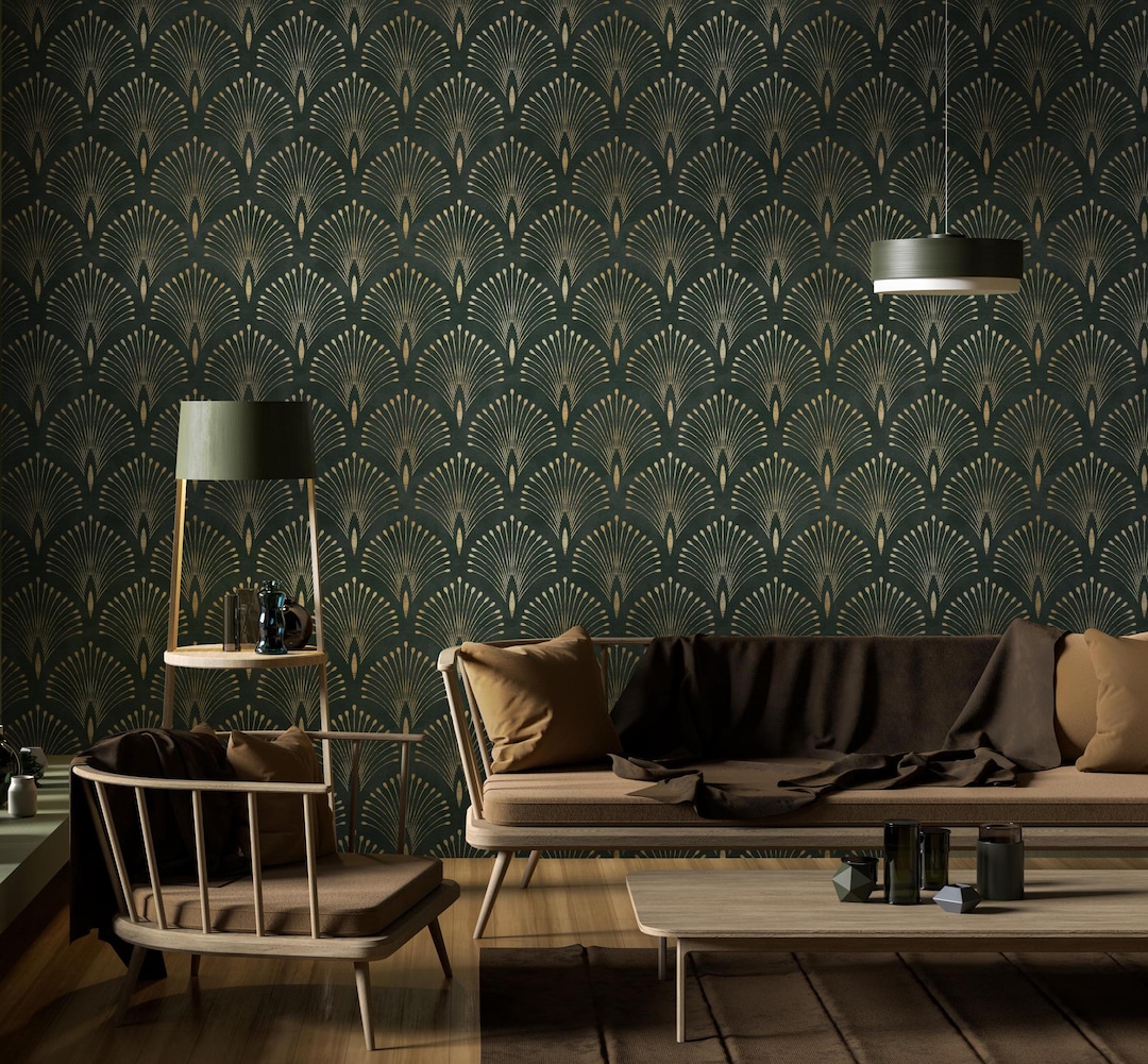 Art Deco Peel and Stick Wallpaper, Green Gold Geometric, Removable - Etsy