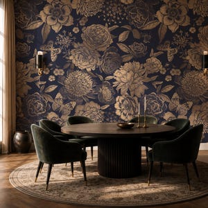 Navy Gold Floral Wallpaper | Luxury Dark Flowers Wall Mural | Removable Wallpaper image 4