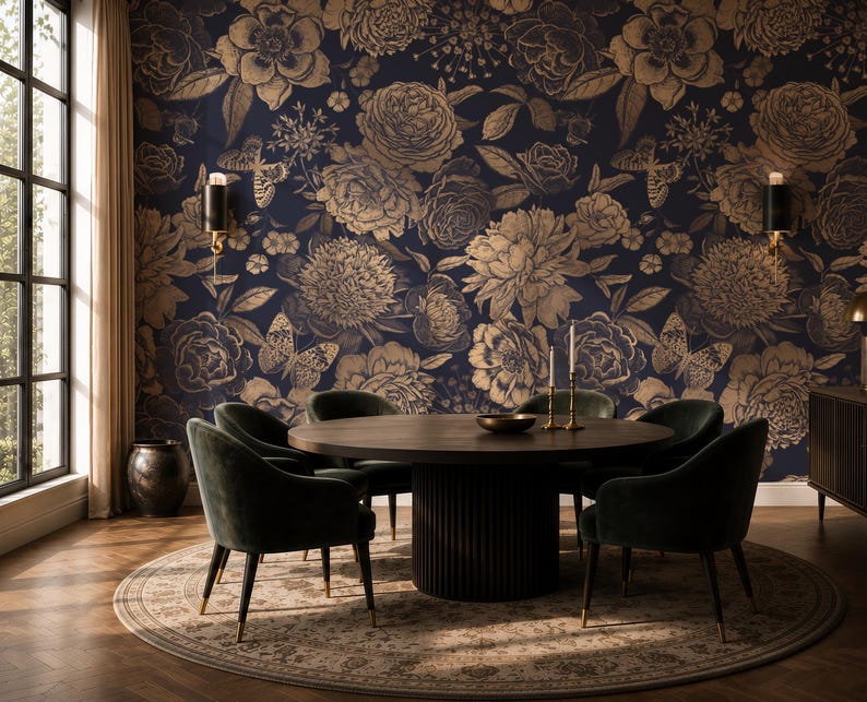 Navy Gold Floral Wallpaper | Luxury Dark Flowers Wall Mural | Removable Wallpaper image 4