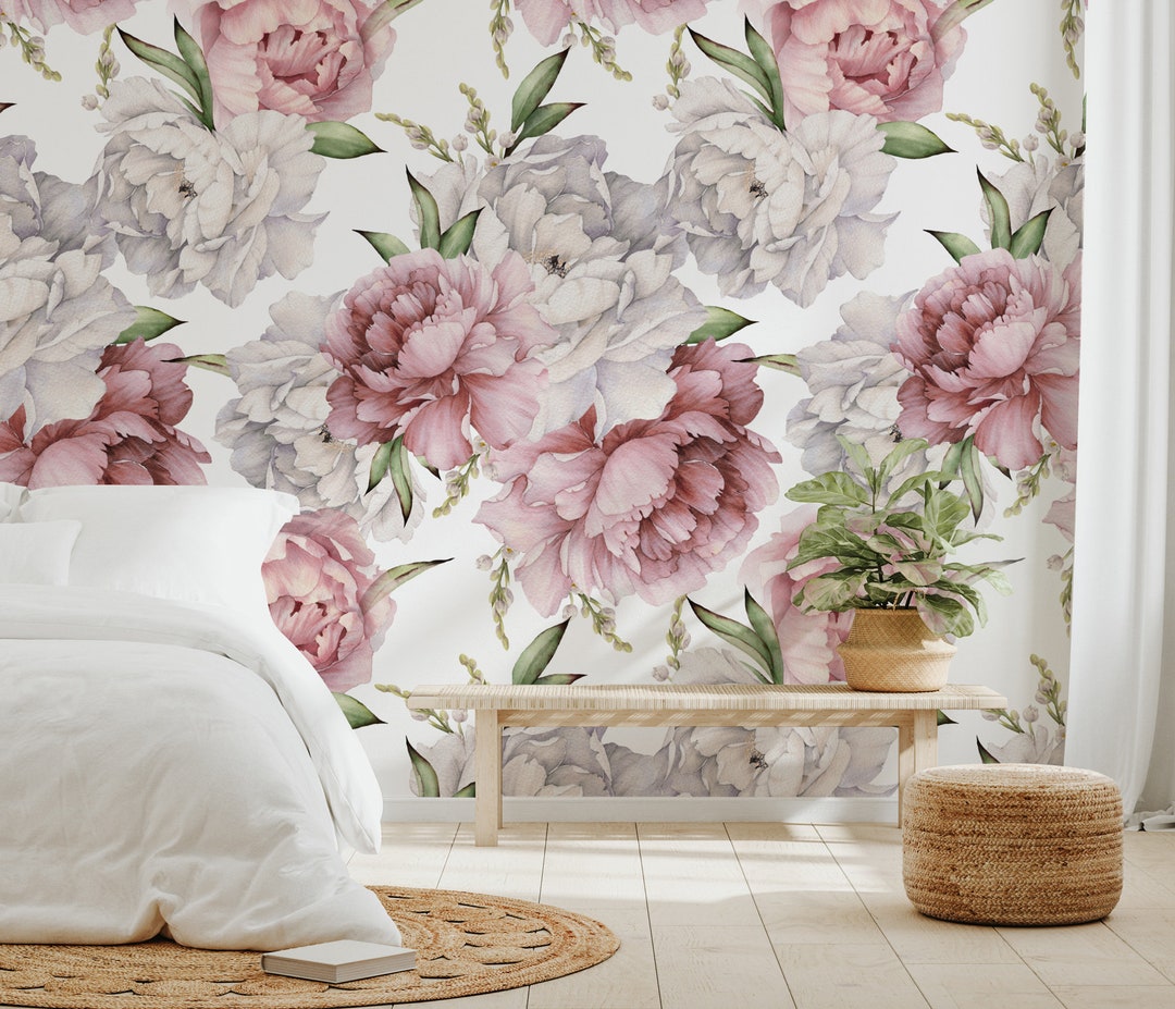 Peony Wallpaper Watercolor Floral Wall Mural Peel and Stick - Etsy