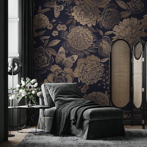 May include: A dark navy blue wallpaper featuring a repeating pattern of large, detailed gold-toned flowers and butterflies. The floral design includes various blossoms and foliage rendered in a sketch-like style against a solid dark background.
