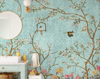 Vintage Blue Chinoiserie Wallpaper | Cherry Blossom Wall Mural | Removable Peel and Stick