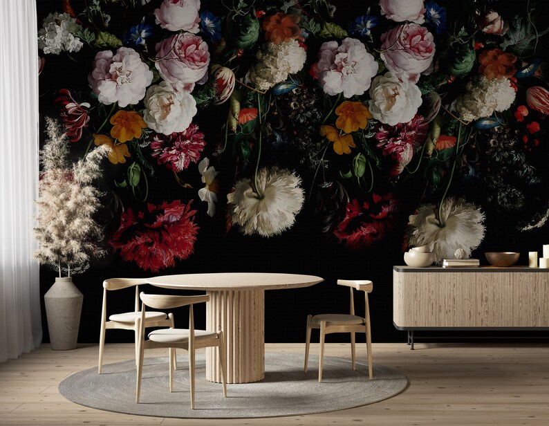 Dark Dutch Floral Wallpaper | Moody Botanical Wall Mural | Dramatic ...