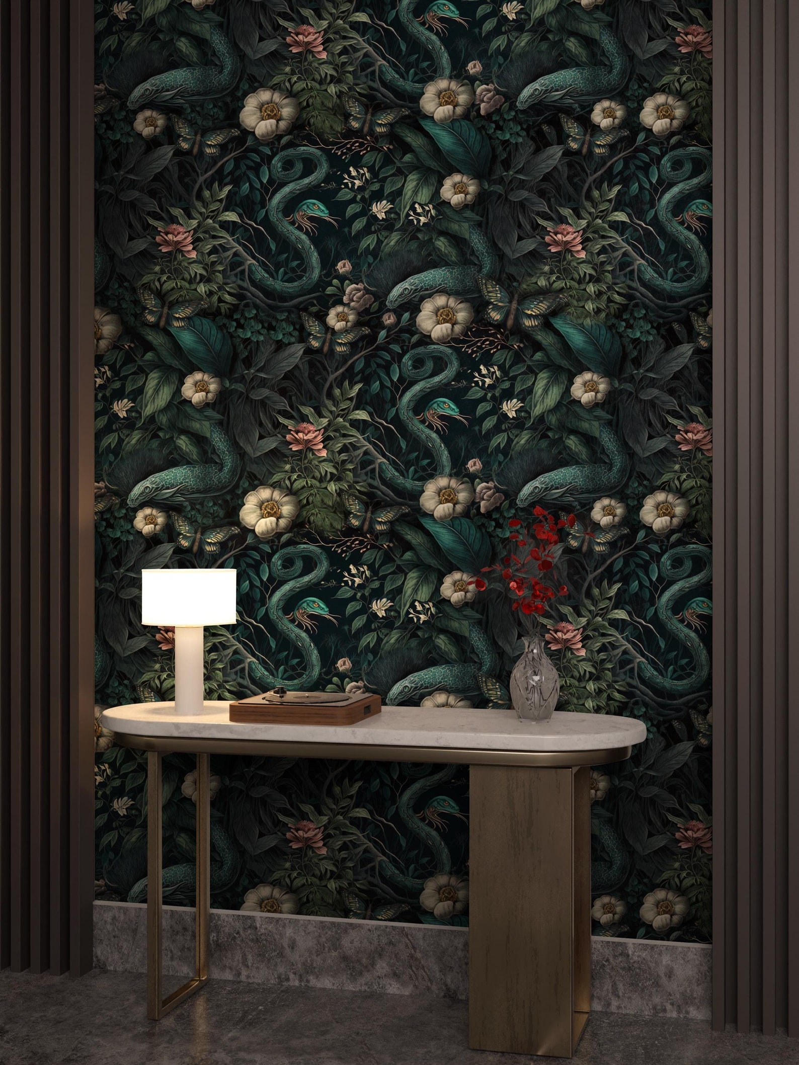 Dark Botanical Wallpaper | Secret Garden With Snakes Wall Mural | Peel