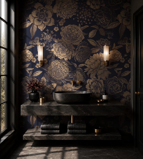 Navy Gold Floral Wallpaper | Luxury Dark Flowers Wall Mural | Removable Wallpaper