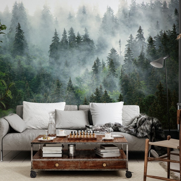 Misty Forest Wallpaper Peel and Stick, Foggy Forest Wall Mural, Nature Wallpaper, Removable Wallpaper