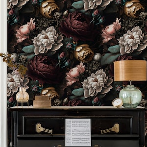 Dark Floral Wallpaper Peel and Stick, Peony Wall Murals