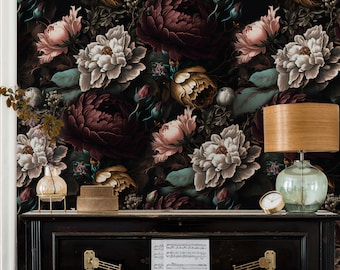 Dark Floral Wallpaper Peel and Stick, Peony Wall Murals